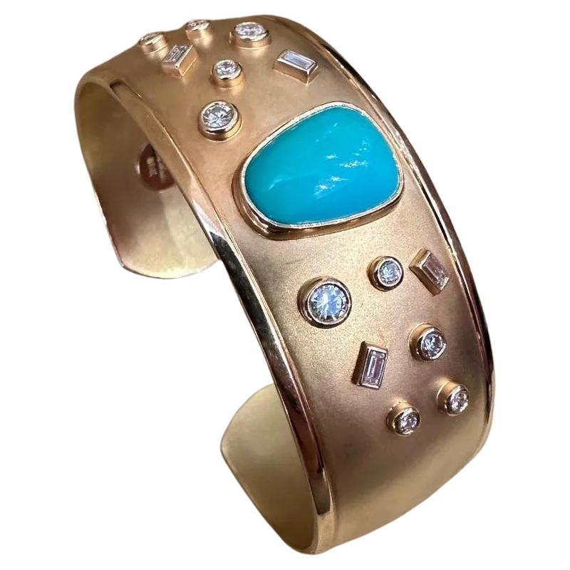 Susan Sadler Turquoise and Diamond Cuff Bracelet in 18k Yellow Gold For Sale