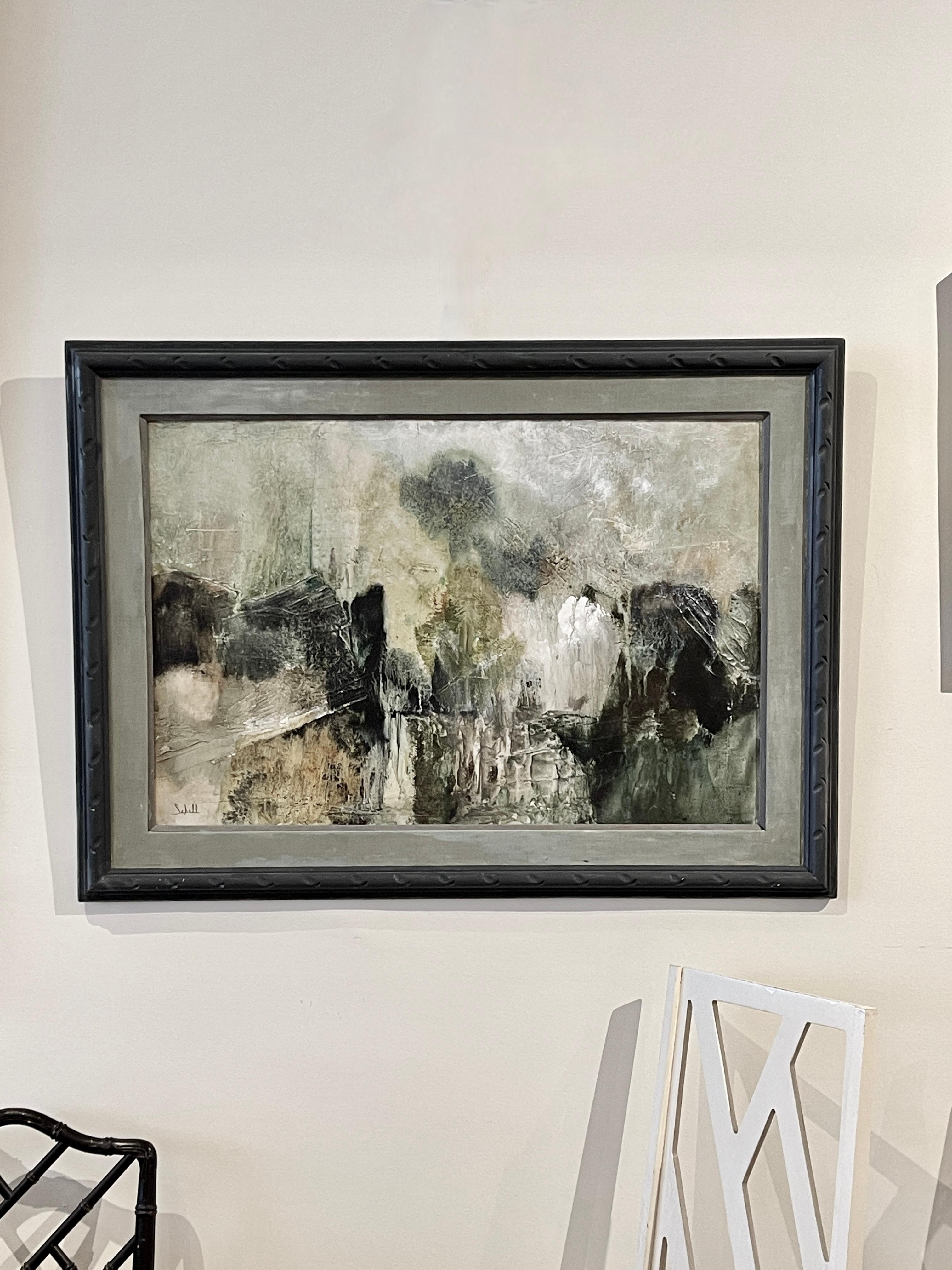 Stupendo e raro dipinto originale di Sahall della serie dei paesaggi. Uno dei più rari dipinti astratti di Sahall. Questo pezzo ha anche una cornice dipinta a mano e una stuoia di stoffa. Un'opera d'arte originale assolutamente unica e