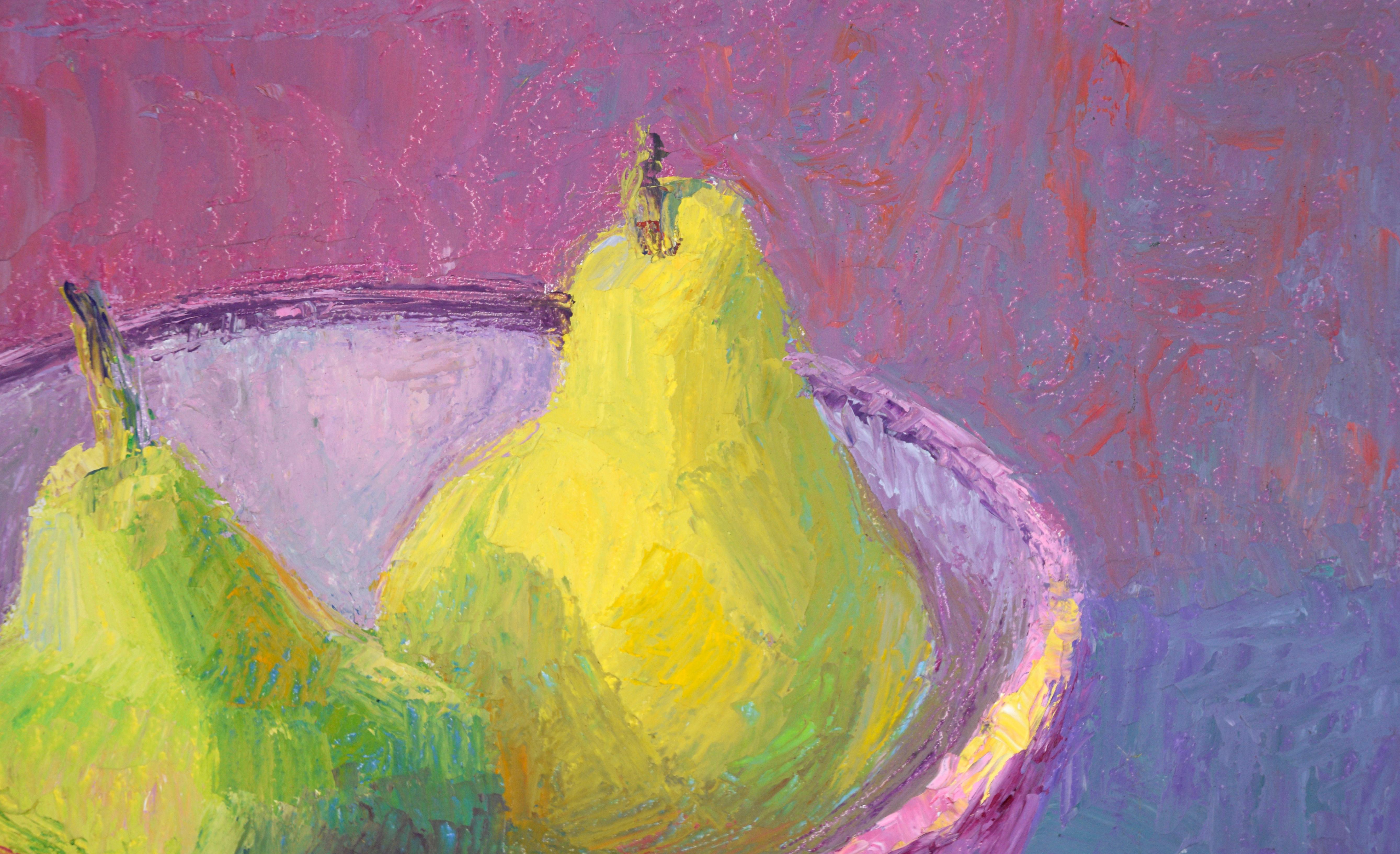 Green Pears in a Purple Bowl -Still Life in Oil on Masonite - Painting by Susan Sarback