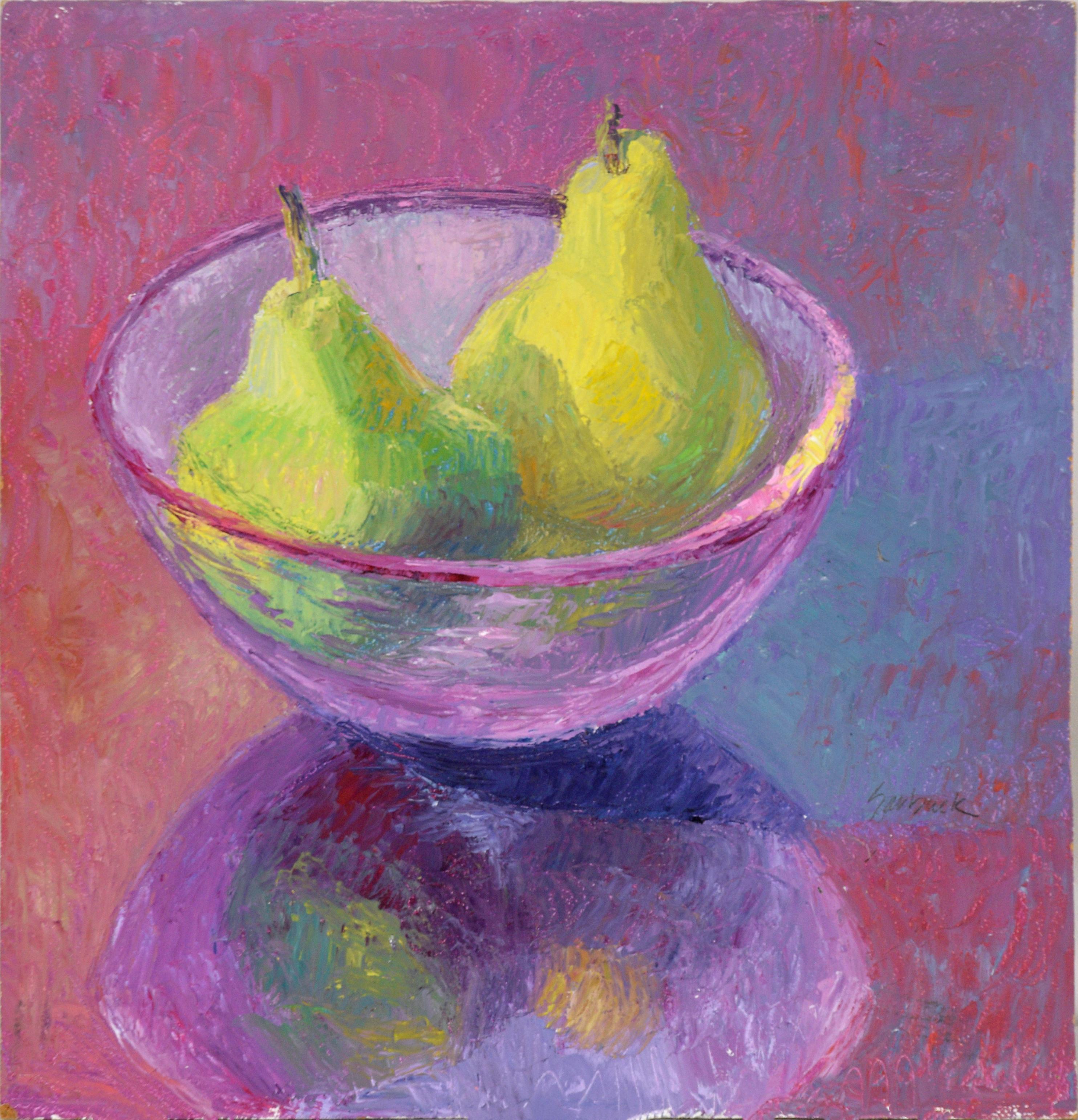 Susan Sarback Still-Life Painting - Green Pears in a Purple Bowl -Still Life in Oil on Masonite