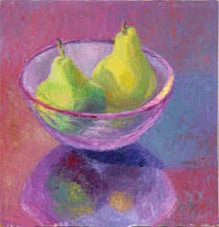 Green Pears in a Purple Bowl -Still Life in Oil on Masonite