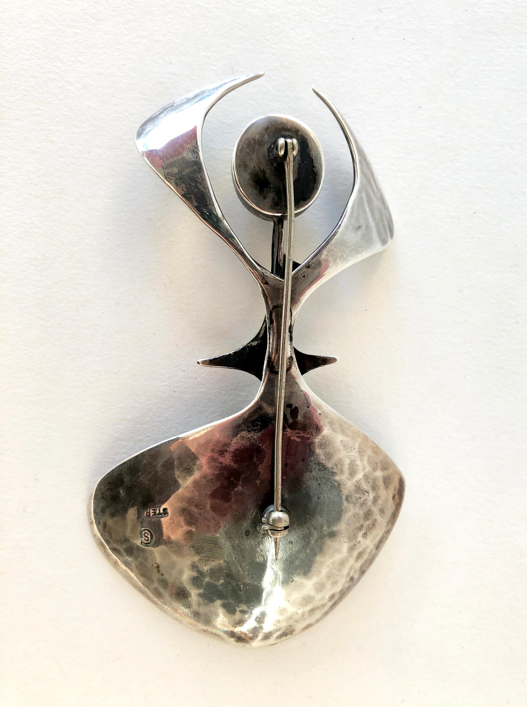 Modernist Susan Saunders Cook Sterling Silver Aventurine Abstract American Modern Brooch