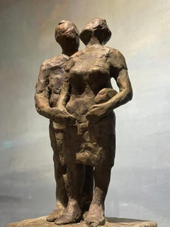 Couple 'Trust': Contemporary Wood and Bronze Figurative Sculpture