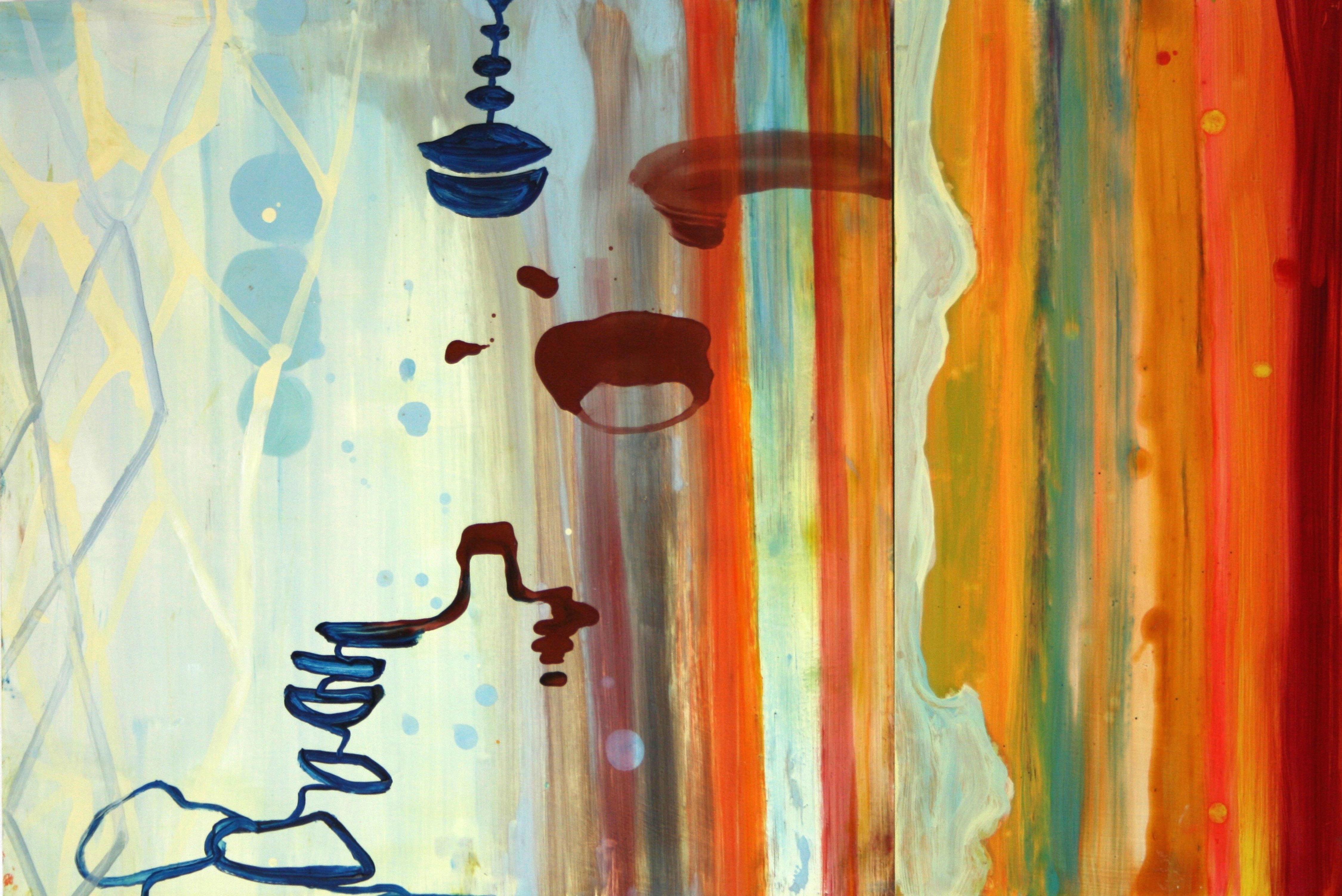 Susan Sharp Abstract Painting - "Balancing Act"    Abstraction in oranges, red, blue, cream and brown
