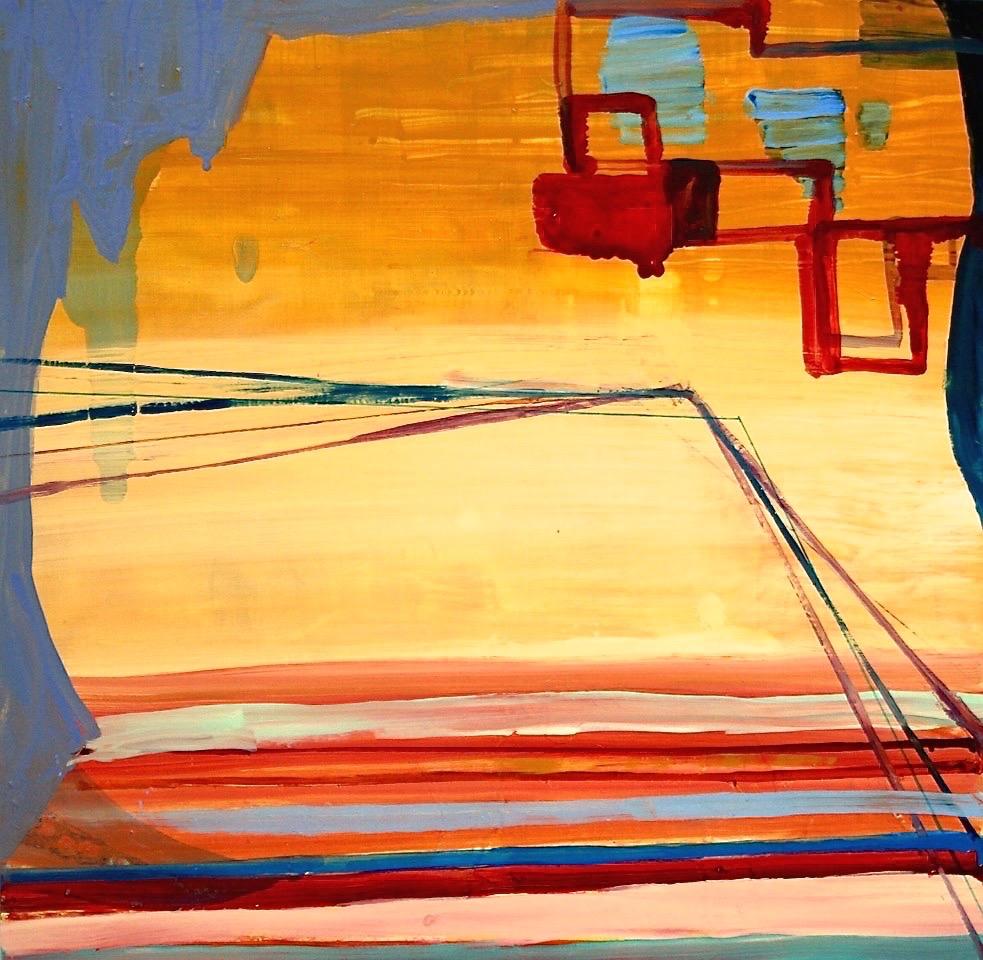 Susan Sharp Abstract Painting - "Coming/Going"  Small abstraction, shades of orange, blue, red, linear/geometric