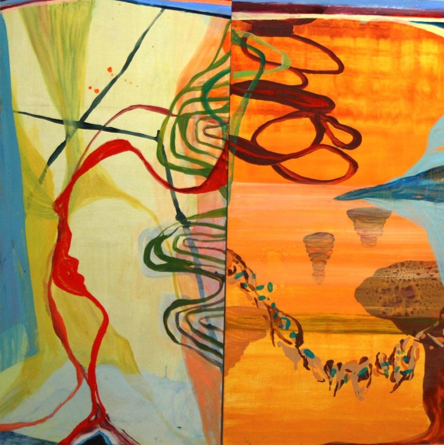 Susan Sharp Abstract Painting - "Crossing Over"  Abstraction in oranges, blue, green, yellow