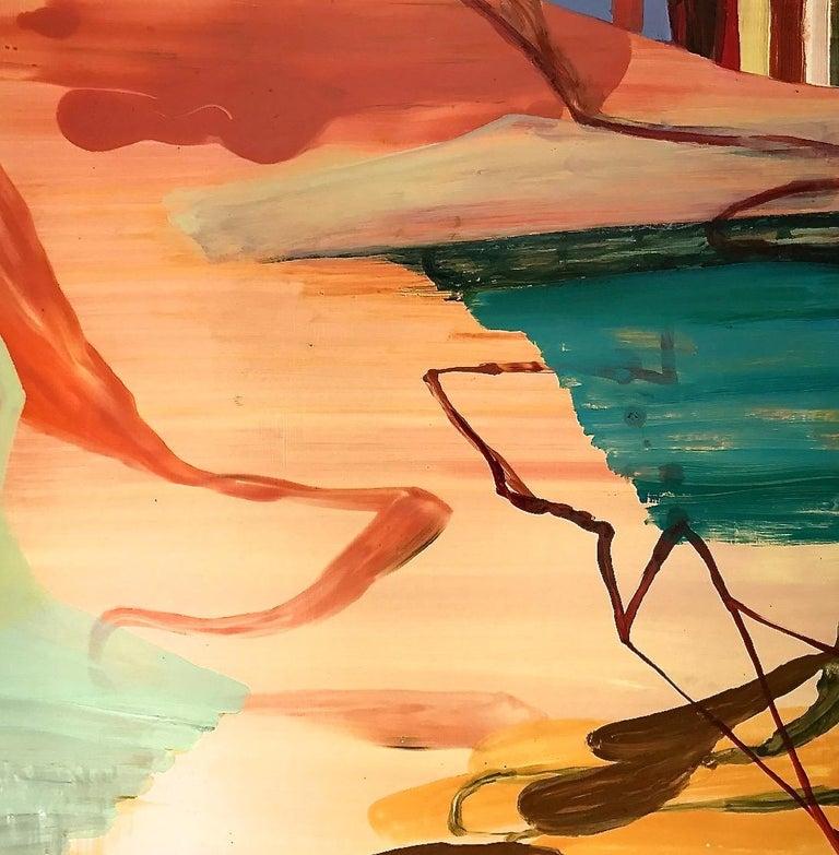 Susan Sharp Abstract Painting - "Day's End"    Abstraction in salmon, turquoise, brown, orange and blue