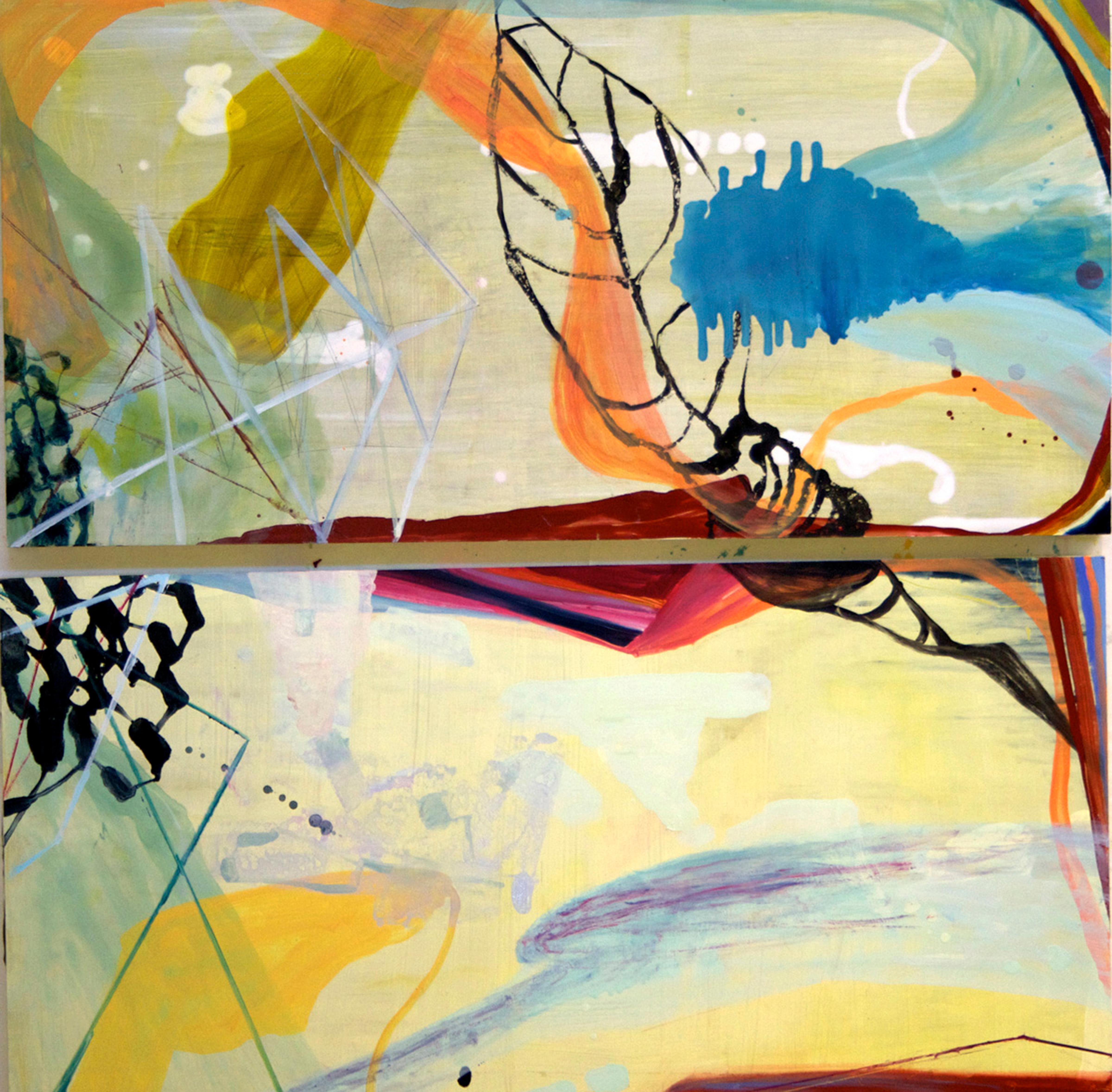 ''Monde flottant''  Biomorphique/Gomtrique  Abstraction du bleu, de l'orange, du rouge et du jaune - Abstrait Painting par Susan Sharp