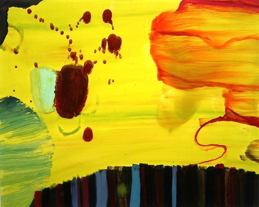 Susan Sharp Abstract Painting - "Floating World I"  Abstraction in yellow, chartreuse, orange, red, brown