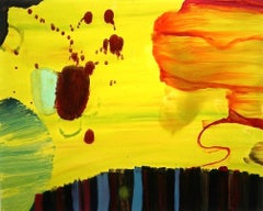 « Fleating World I » (Le monde flottant)  Abstraction en jaune, chartreuse, orange, rouge, brun