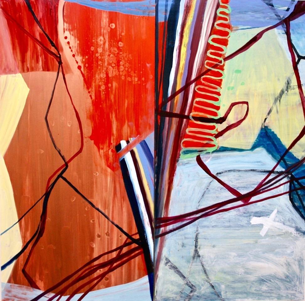 Abstract Painting Susan Sharp - "Fréquence élevée"   Abstraction rouge, bleu, bordeaux, beige, noir