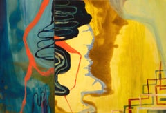 "Liminal"    Horizontal abstraction in yellow, tan, orange, brown, black, blues