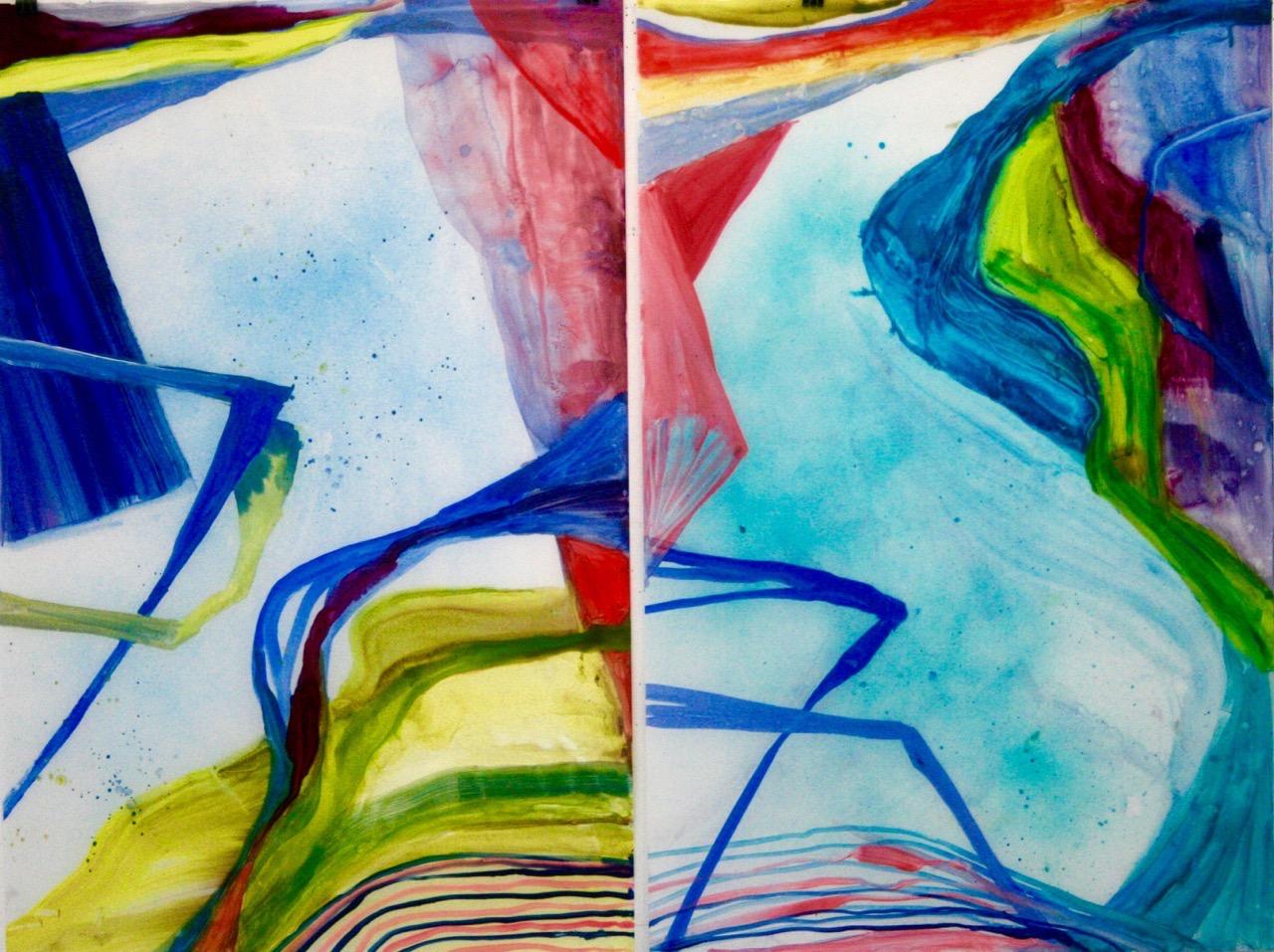 Susan Sharp Abstract Painting - "Map Voice 1, 2"  Abstraction on panels in blues, turquoise, green and red