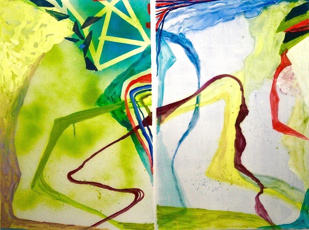 Abstract Painting Susan Sharp - la voix de la carte n° 9, 10  Expressionniste abstrait vert coloré gouache moderne et audacieux