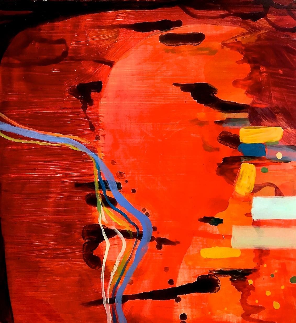 Susan Sharp Abstract Painting - "Seeing Red"   Brilliantly colored abstraction in deep red, black, orange,  blue