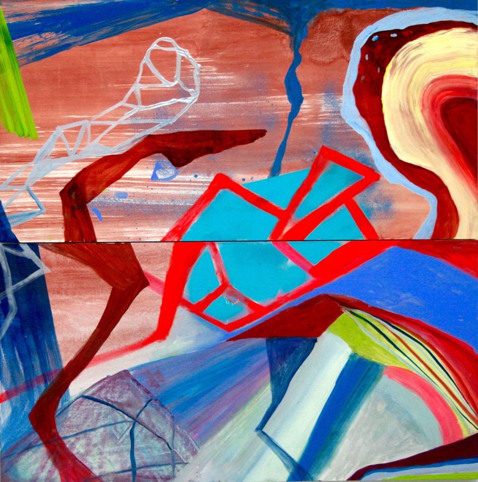 Susan Sharp Abstract Painting - "Spiral Leap"    Abstraction in blues, red, chartreuse, white