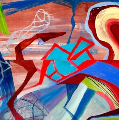 "Spiral Leap"    Abstraction in blues, red, chartreuse, white