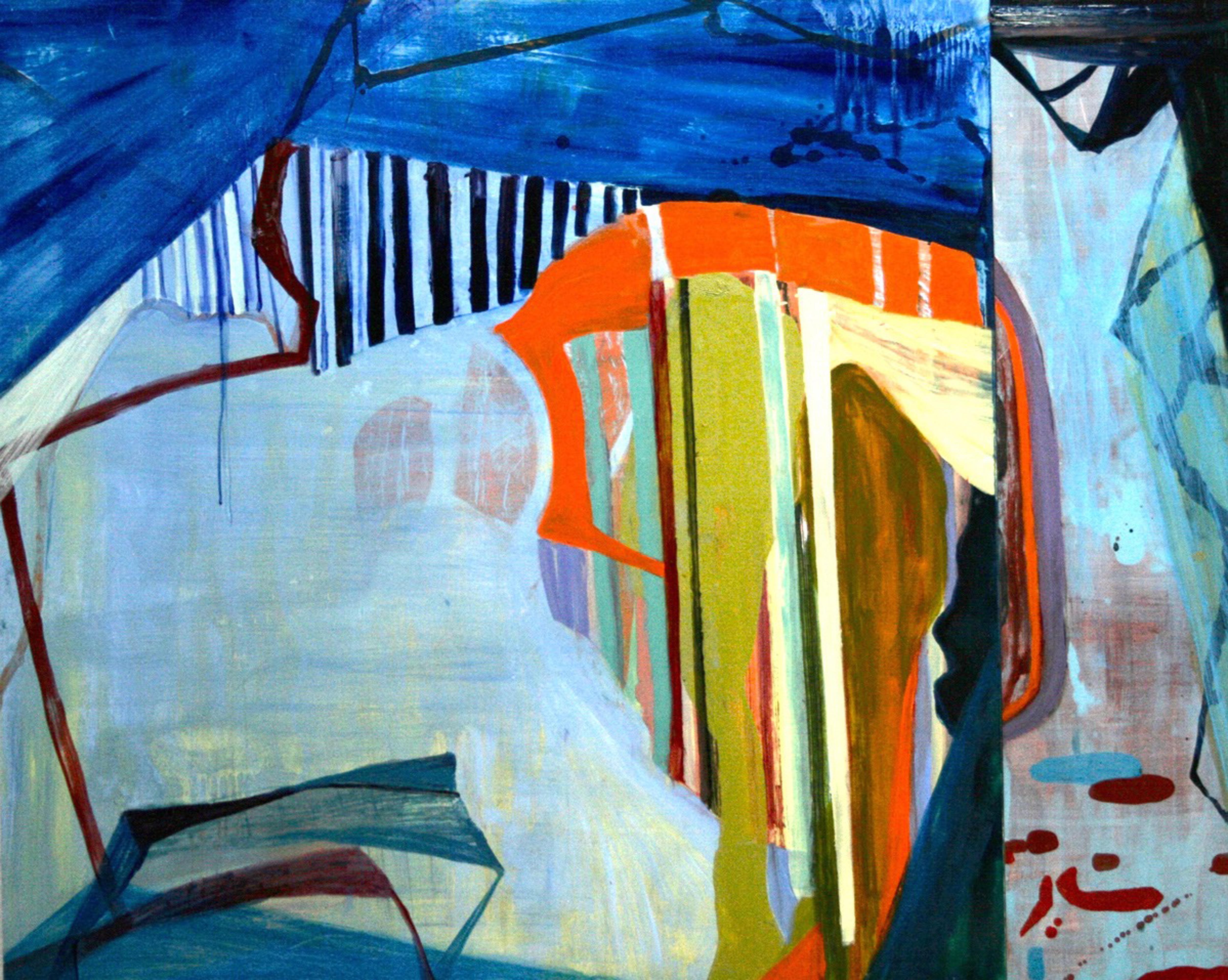 « Water's Edge » (Bord de mer)  Abstraction dans des tons de bleu, rouge, orange, chartreuse, noir - Painting de Susan Sharp