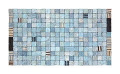 Big Blue Comfort (Abstract Mixed Media Stitched Grid Painting)