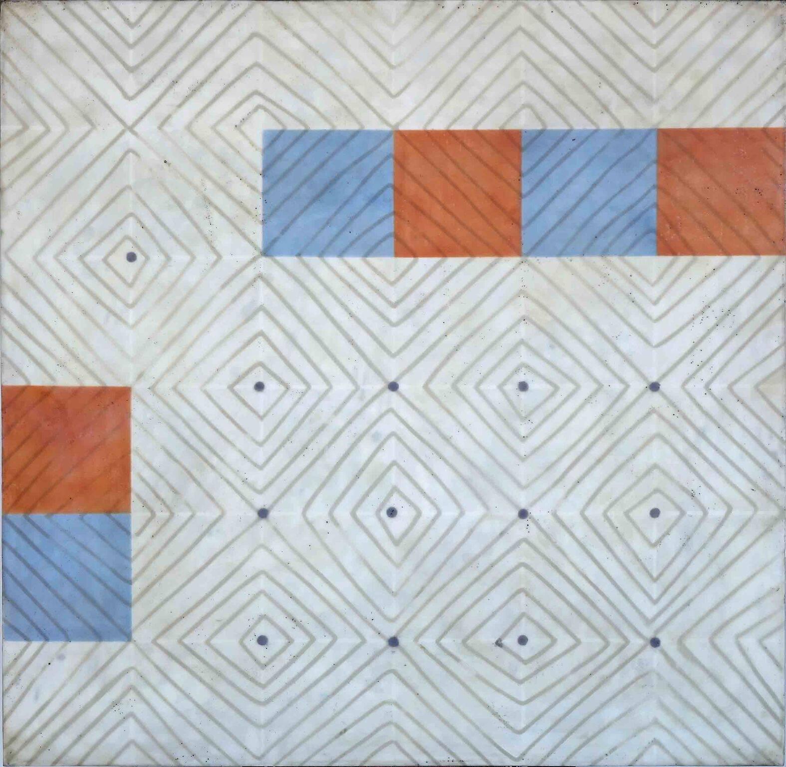 Diamonds 1 (Abstract Blue White and Orange Encaustic Square Work on Panel)