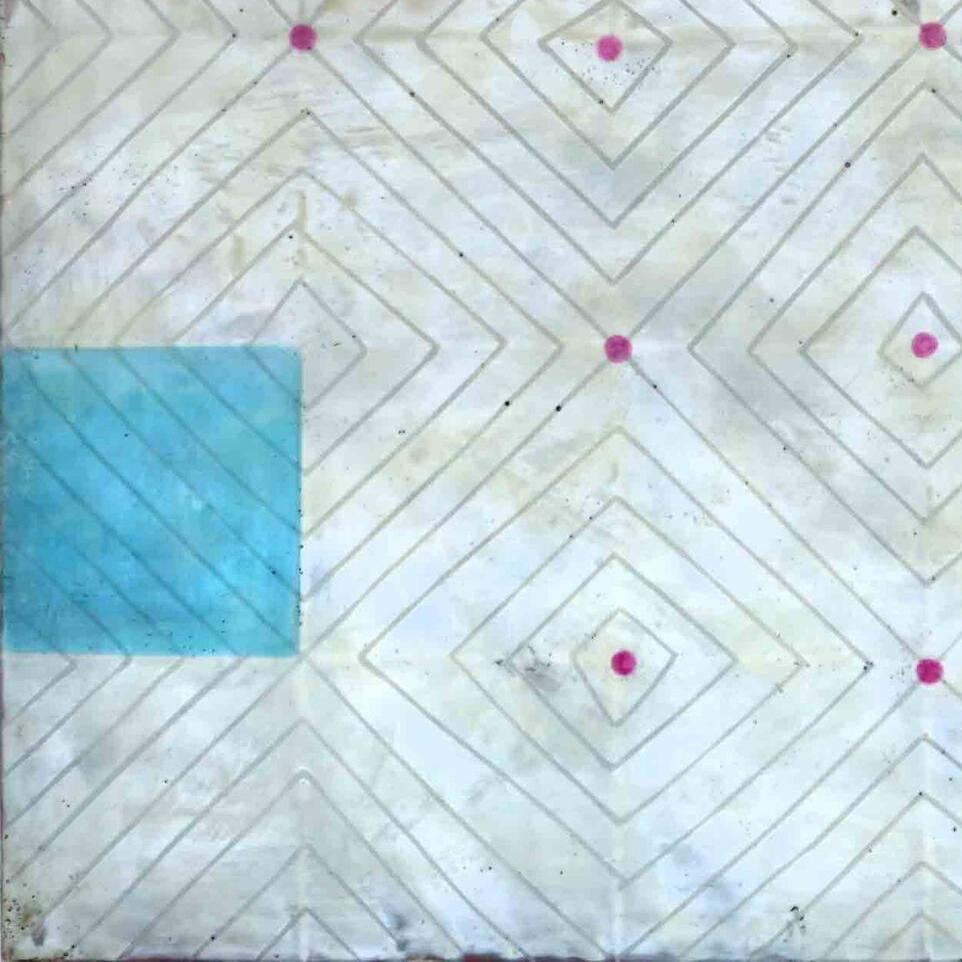 Abstract encaustic work on panel
24 x 20 x 1.5

This vertical contemporary pattern-based minimal encaustic work on panel was created by San Francisco-based artist Susan Stover. Stover works with a cool palette of turquoise blue, yellow, pink and