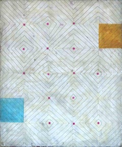 Diamants 2 (Œuvre verticale abstraite bleue, blanche, jaune et rose sur panneau)