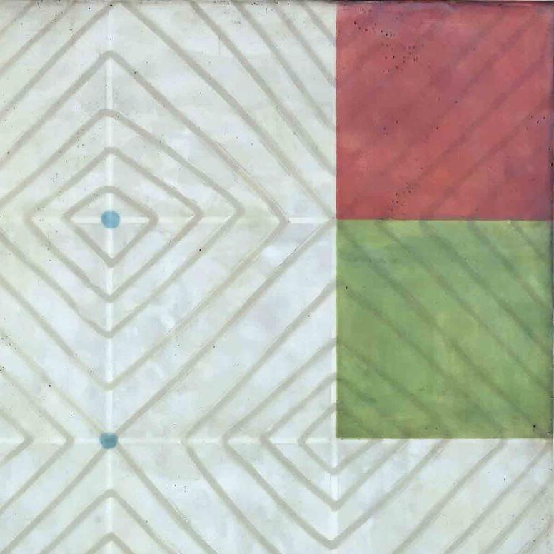 Abstract encaustic work on panel
20 x 20 x 1.5

This square contemporary pattern-based abstract encaustic work on panel was created by San Francisco-based artist Susan Stover. Stover works with a cool palette of red, green, pale blue, and taupe on