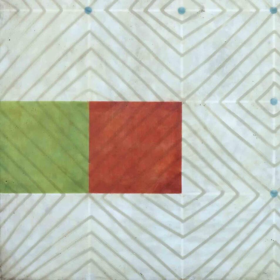 Diamonds 5 (Abstract Red, Green, Blu and White Square Encaustic Work on Panel) For Sale 1