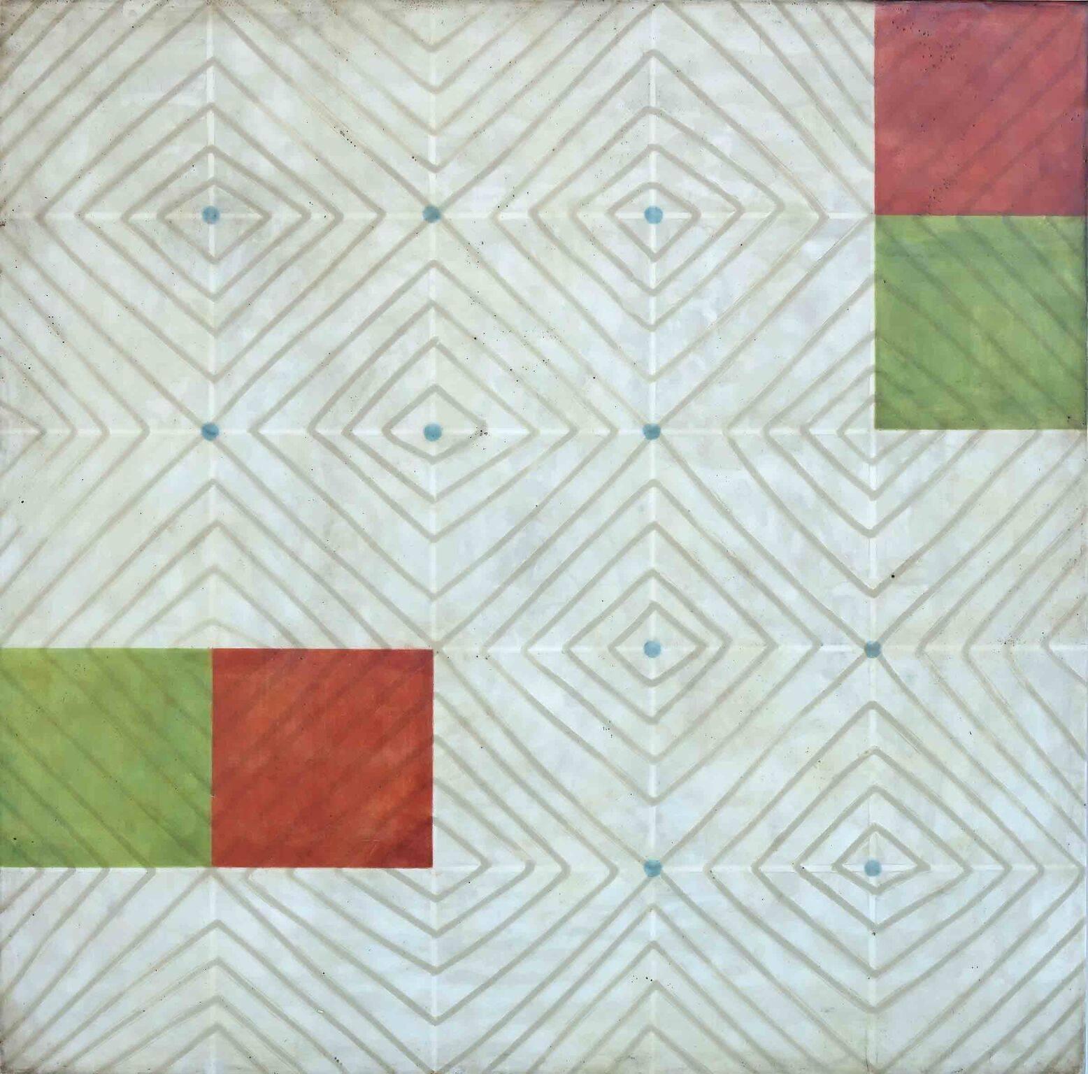 Diamanten 5 (abstrakte rote, grüne, blaue und weiße quadratische Enkaustikarbeiten auf Tafel) – Mixed Media Art von Susan Stover