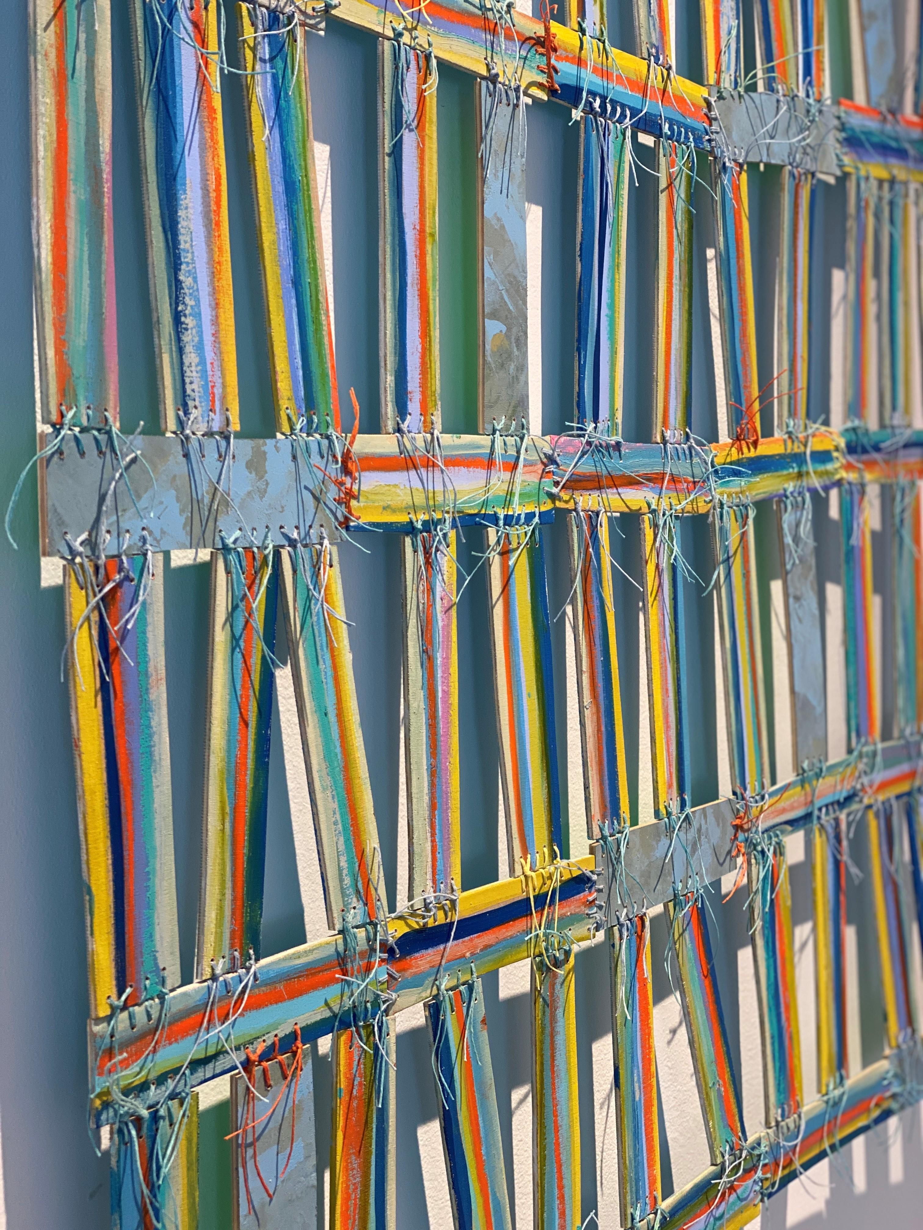 Mnemonic Rhythm (Bright, Multicolored Textile Inspired Abstract Wall Sculpture) - Brown Abstract Sculpture by Susan Stover
