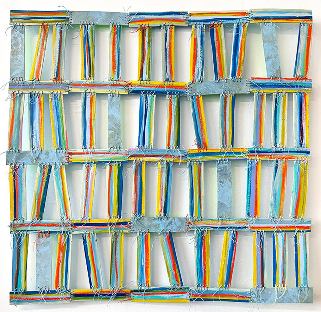 Susan Stover Abstract Sculpture - Mnemonic Rhythm (Bright, Multicolored Textile Inspired Abstract Wall Sculpture)