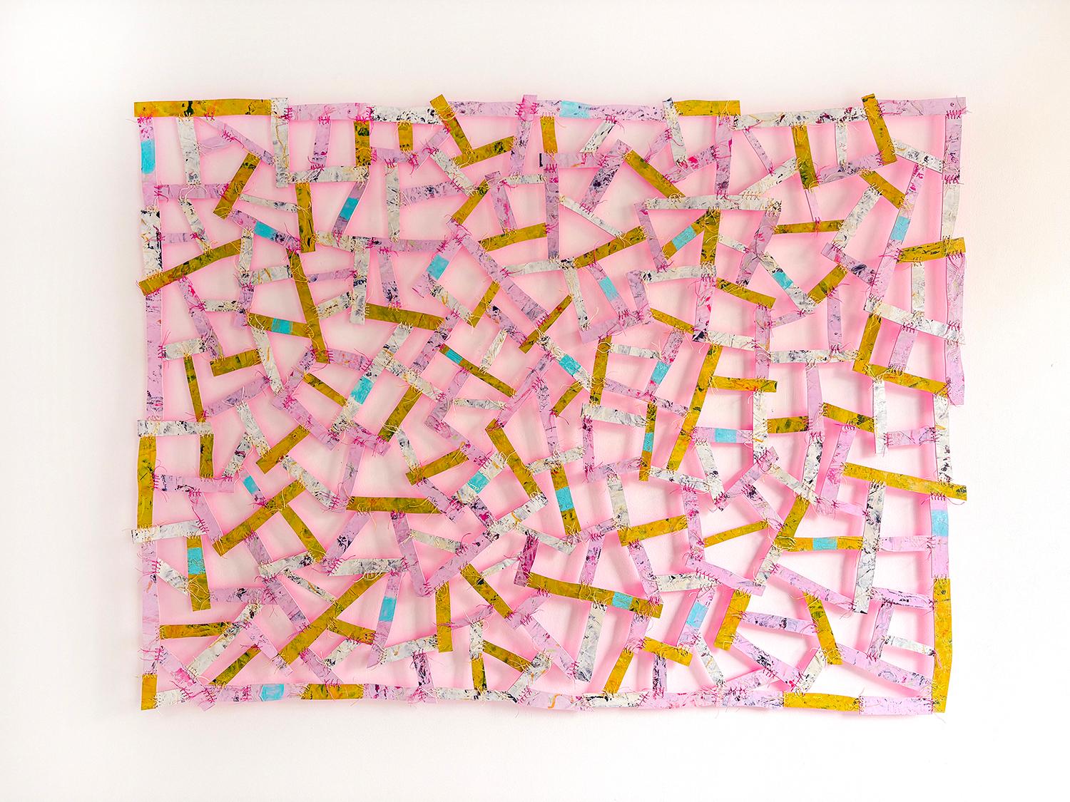 Pink Pleasure (Textile Inspired Abstract Wood Wall Sculpture in Pink and Yellow) - Painting by Susan Stover