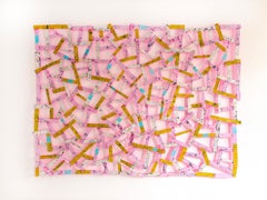 Pink Pleasure (Textile Inspired Abstract Wood Wall Sculpture in Pink and Yellow)
