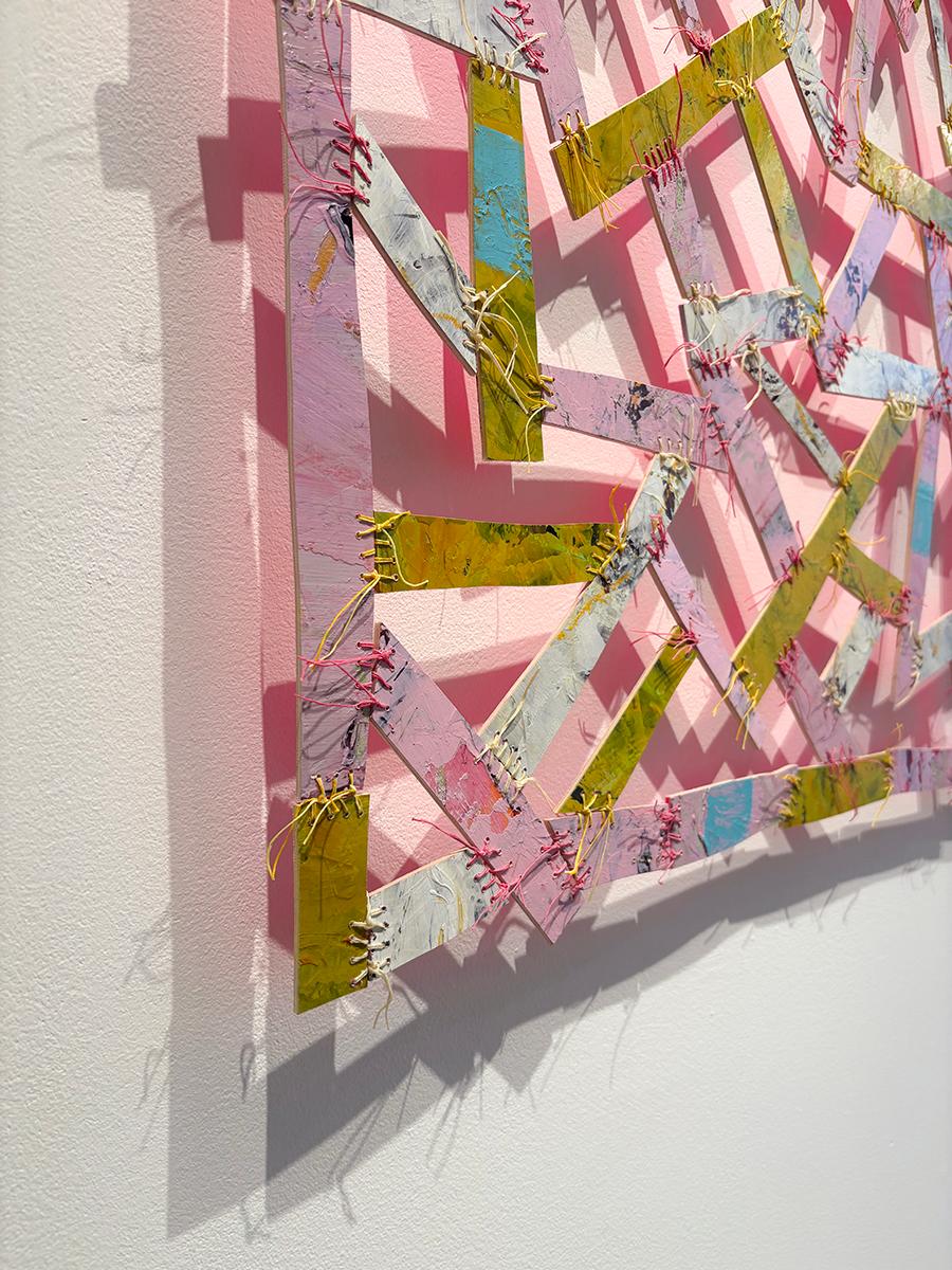 Pink Pleasure (Textile Inspired Abstract Wood Wall Sculpture in Pink and Yellow) - Brown Abstract Painting by Susan Stover