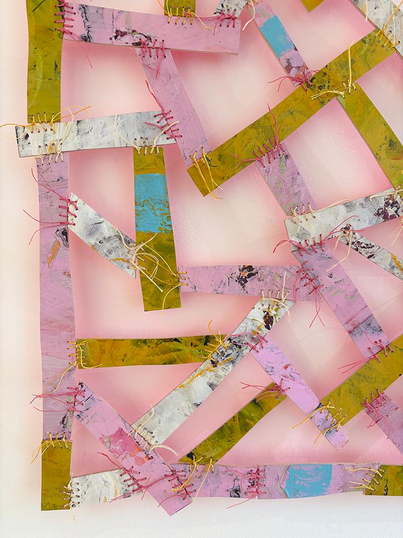 Pink Pleasure (Textile Inspired Abstract Wood Wall Sculpture in Pink and Yellow), made by Susan Stover in 2024
wood, oil paint, varnish, waxed linen thread
54 x 72 inches
Lightweight, excellent condition and ready to hang
The back is painted with