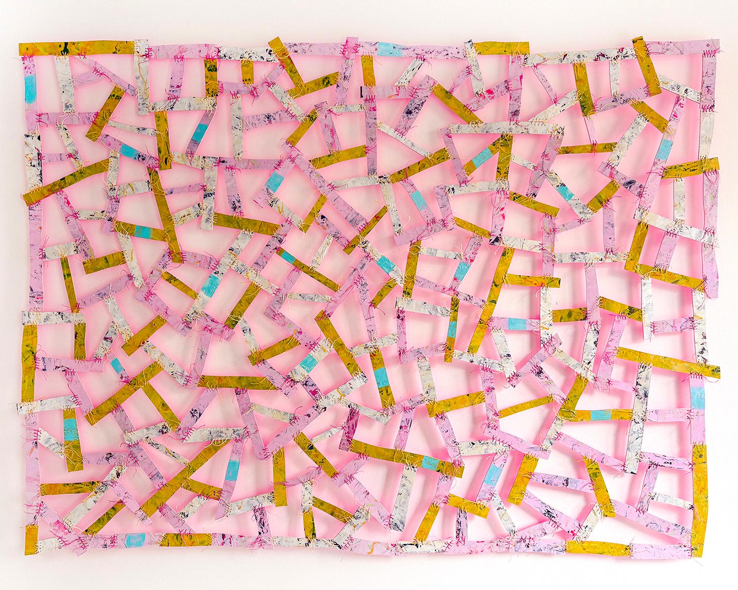 Pink Pleasure (Textile Inspired Abstract Wood Wall Sculpture in Pink and Yellow) For Sale 1