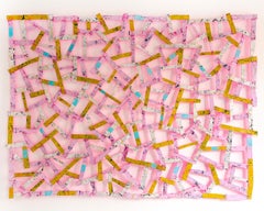 Pink Pleasure (Textile Inspired Abstract Wood Wall Sculpture in Pink and Yellow)