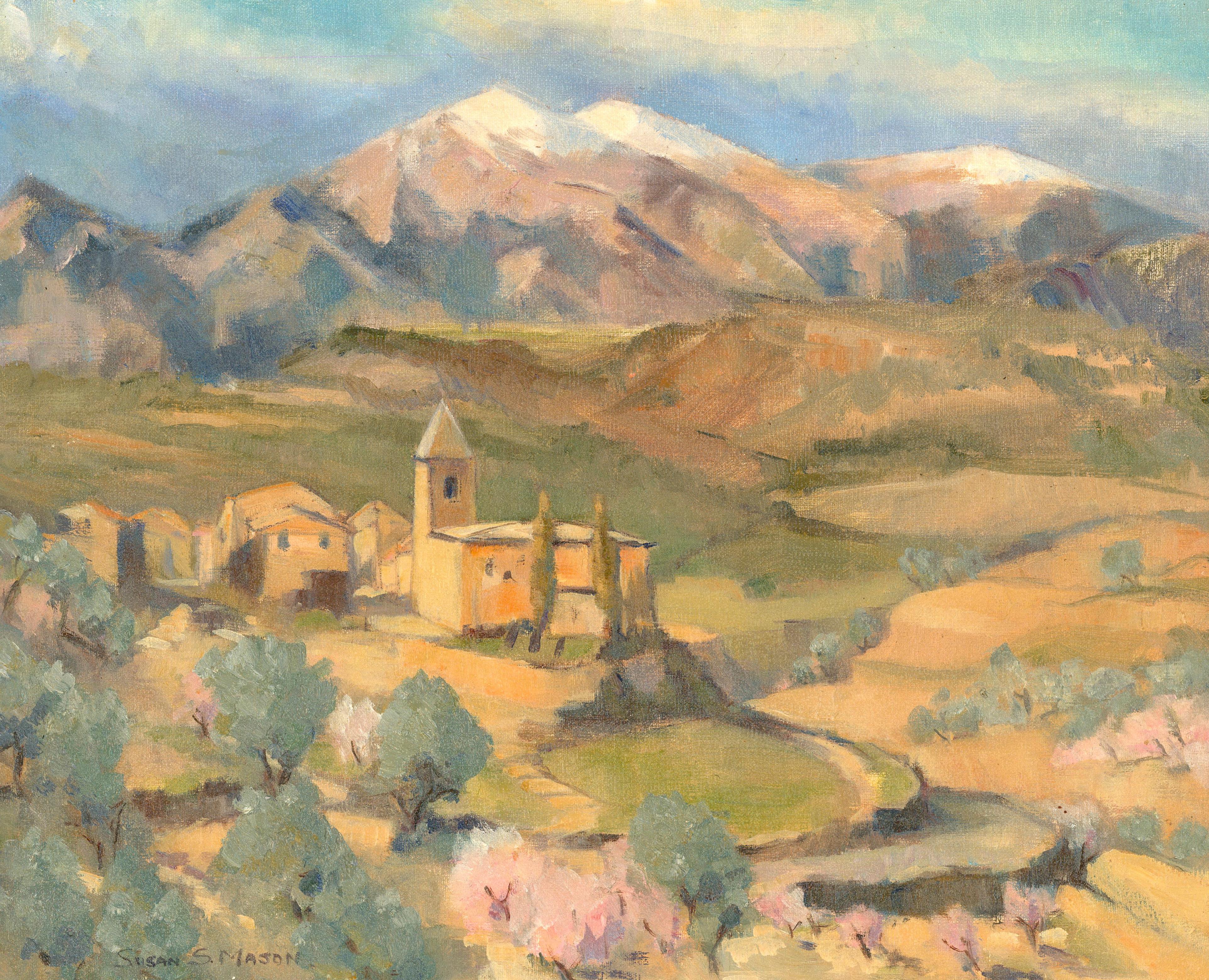 Eine farbenfrohe impressionistische Studie einer kontinentalen Landschaft mit Kirche und Gebäuden vor schneebedeckten Bergen. Signiert vom Künstler unten links. Auf Leinwand auf Keilrahmen.
