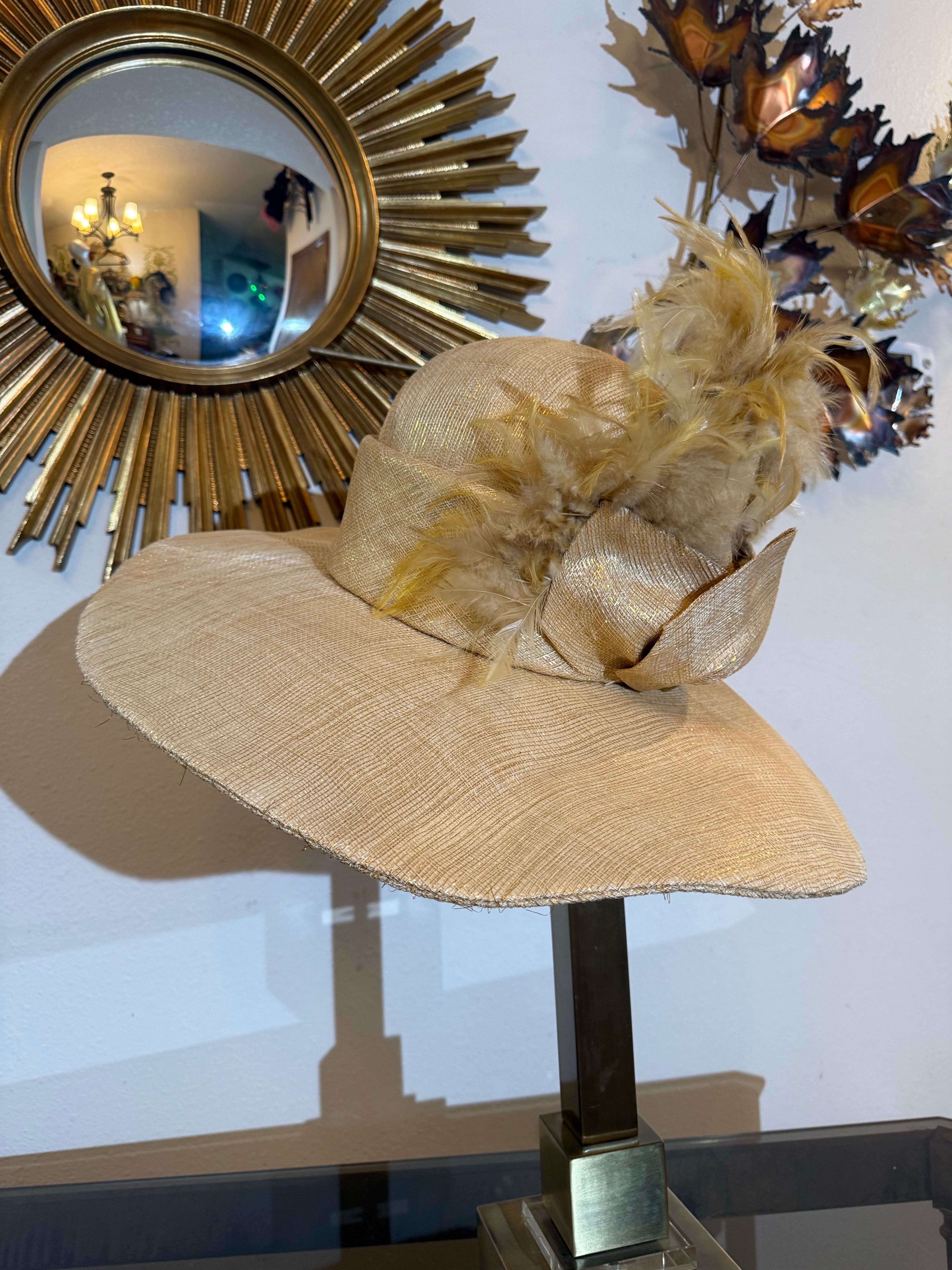 Susan Van Der Linde Gold Straw Wide-Brim Hat w High Round Crown & Feather Trim For Sale 6