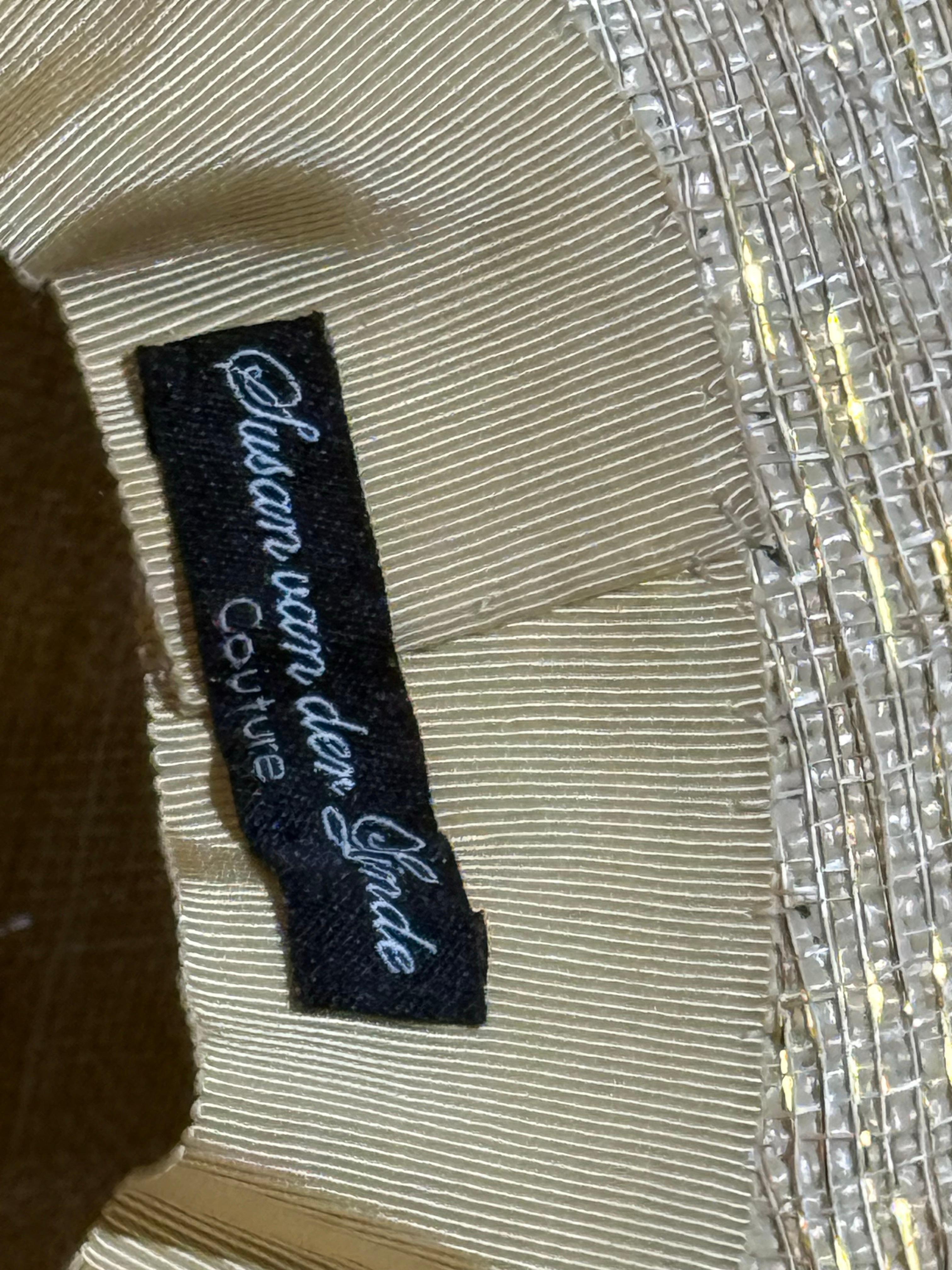 Susan Van Der Linde Gold Straw Wide-Brim Hat w High Round Crown & Feather Trim For Sale 7