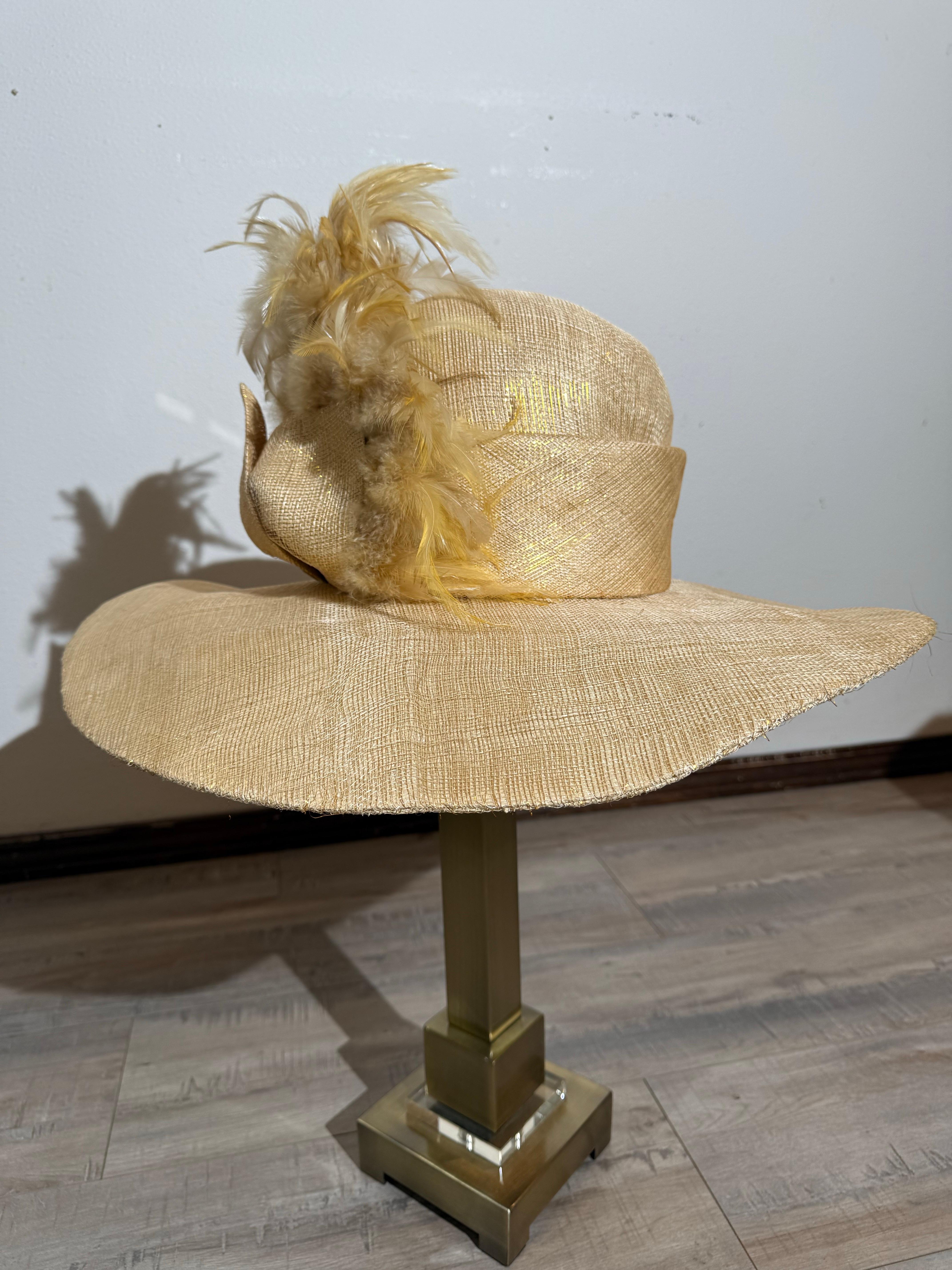 Susan Van Der Linde Gold Straw Wide-Brim Hat w High Round Crown & Feather Trim:  Couture quality construction, most likely custom-made. Crown measures 6