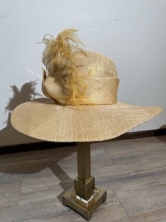 Susan Van Der Linde Gold Straw Wide-Brim Hat w High Round Crown & Feather Trim