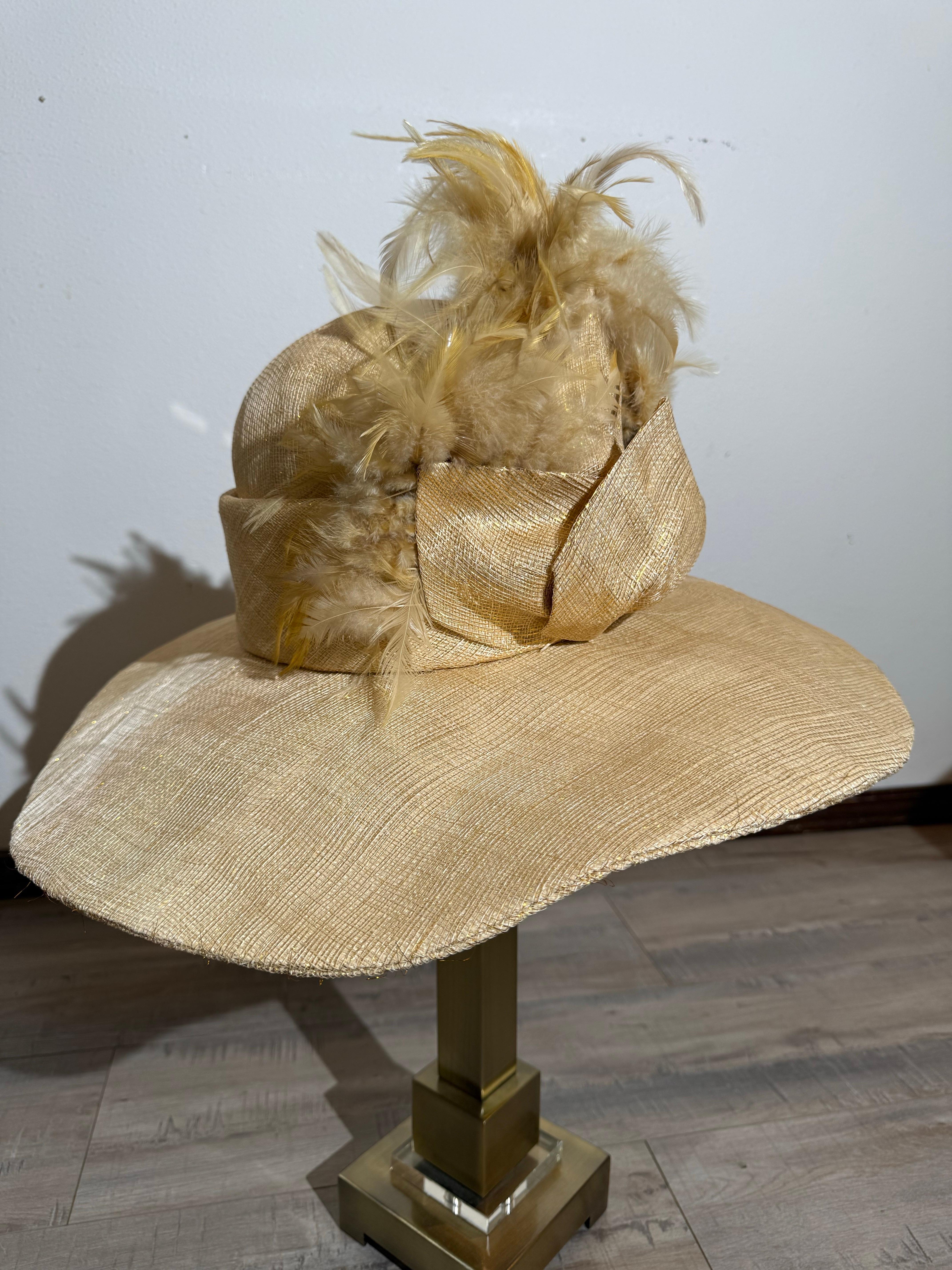 Brown Susan Van Der Linde Gold Straw Wide-Brim Hat w High Round Crown & Feather Trim For Sale
