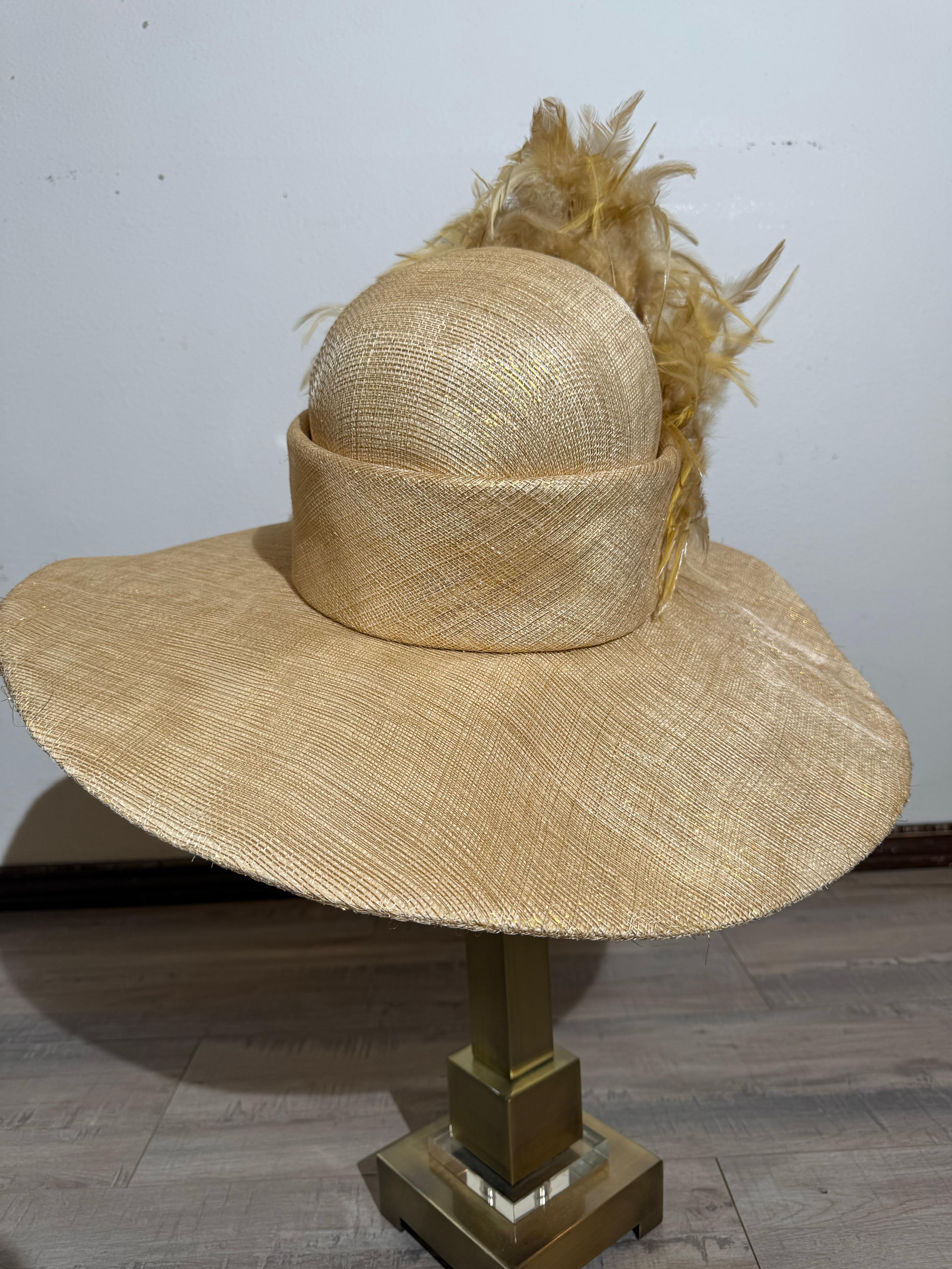 Women's Susan Van Der Linde Gold Straw Wide-Brim Hat w High Round Crown & Feather Trim For Sale
