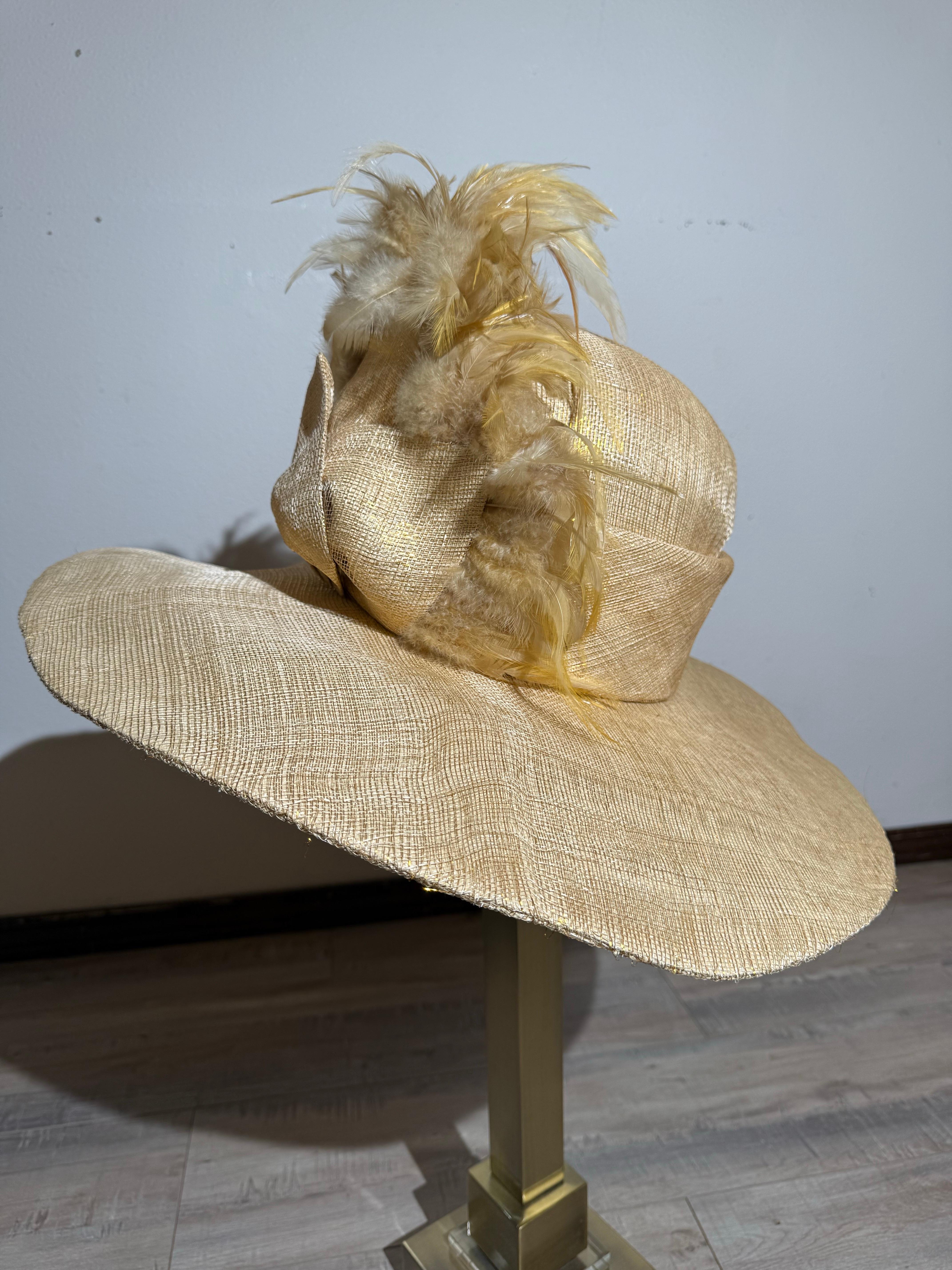 Susan Van Der Linde Gold Straw Wide-Brim Hat w High Round Crown & Feather Trim For Sale 1
