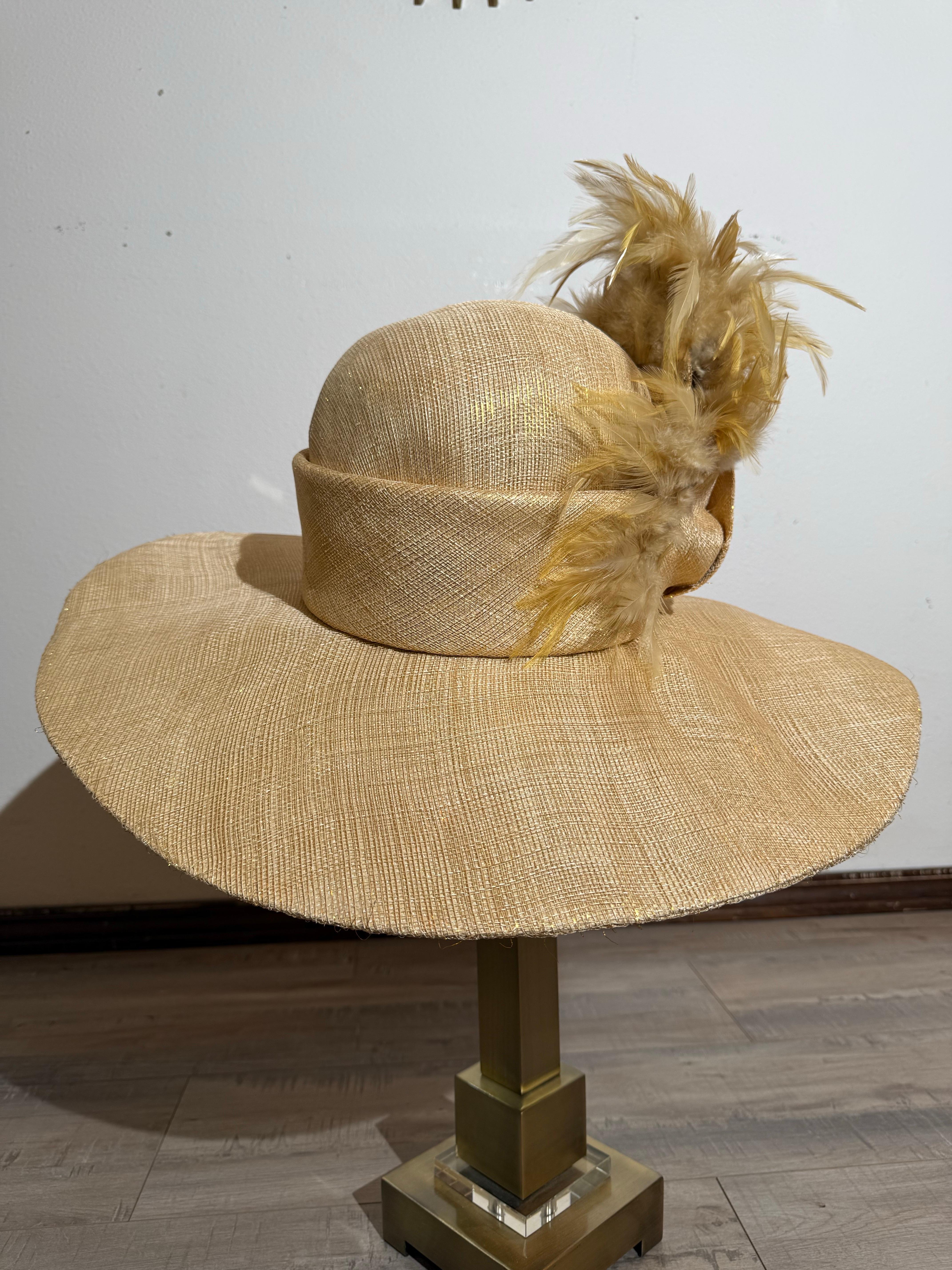 Susan Van Der Linde Gold Straw Wide-Brim Hat w High Round Crown & Feather Trim For Sale 2