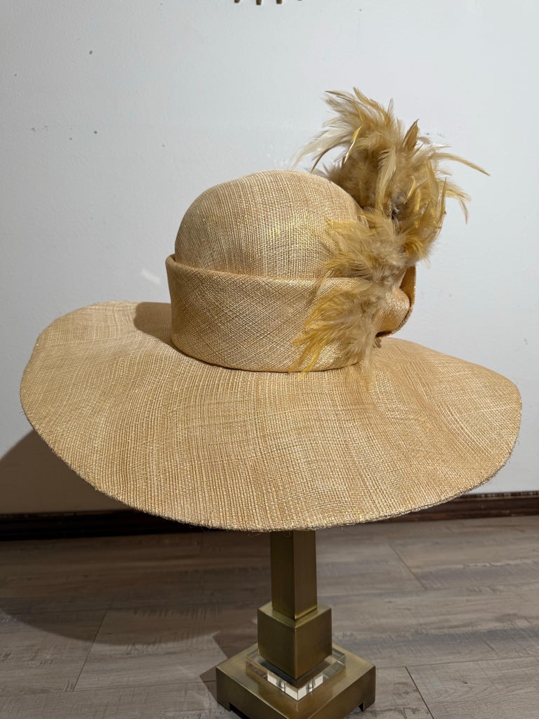 Brown Feather Trim Wide Brim Women\'s Hat Filippo Catarzi Fillippo Catarzi Feather Trim Floppy Hat  main image 4