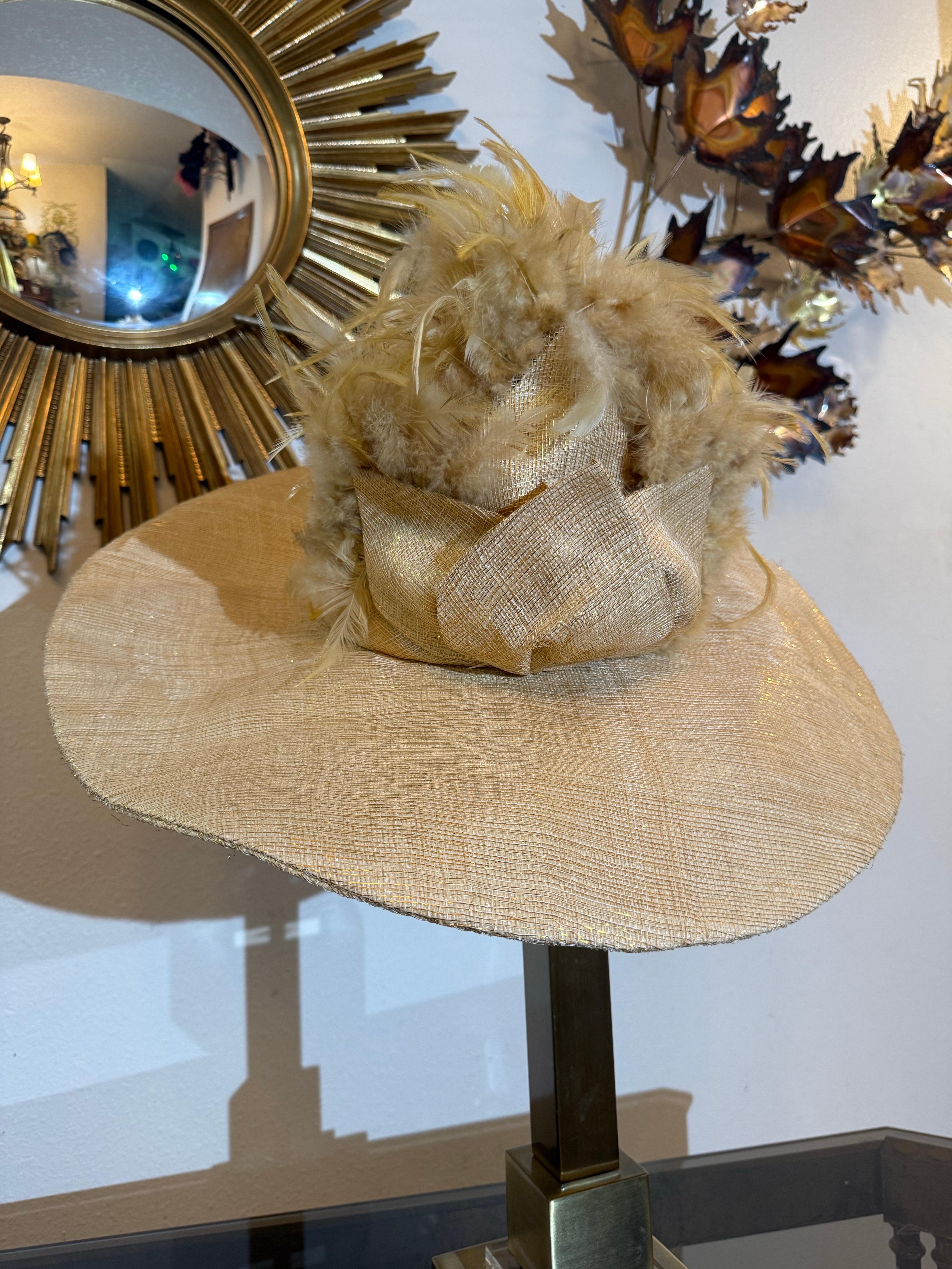 Susan Van Der Linde Gold Straw Wide-Brim Hat w High Round Crown & Feather Trim For Sale 3