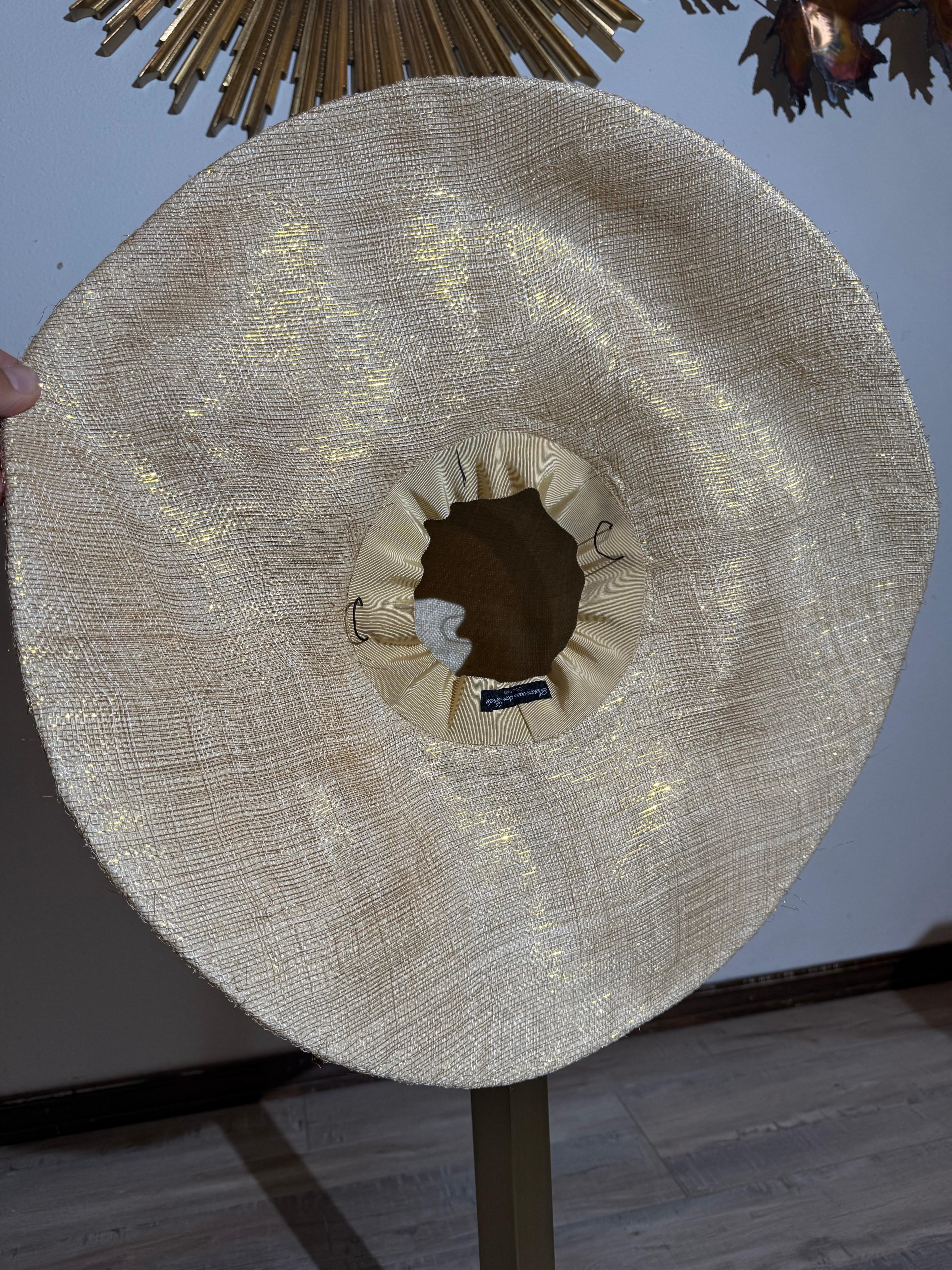 Susan Van Der Linde Gold Straw Wide-Brim Hat w High Round Crown & Feather Trim For Sale 4
