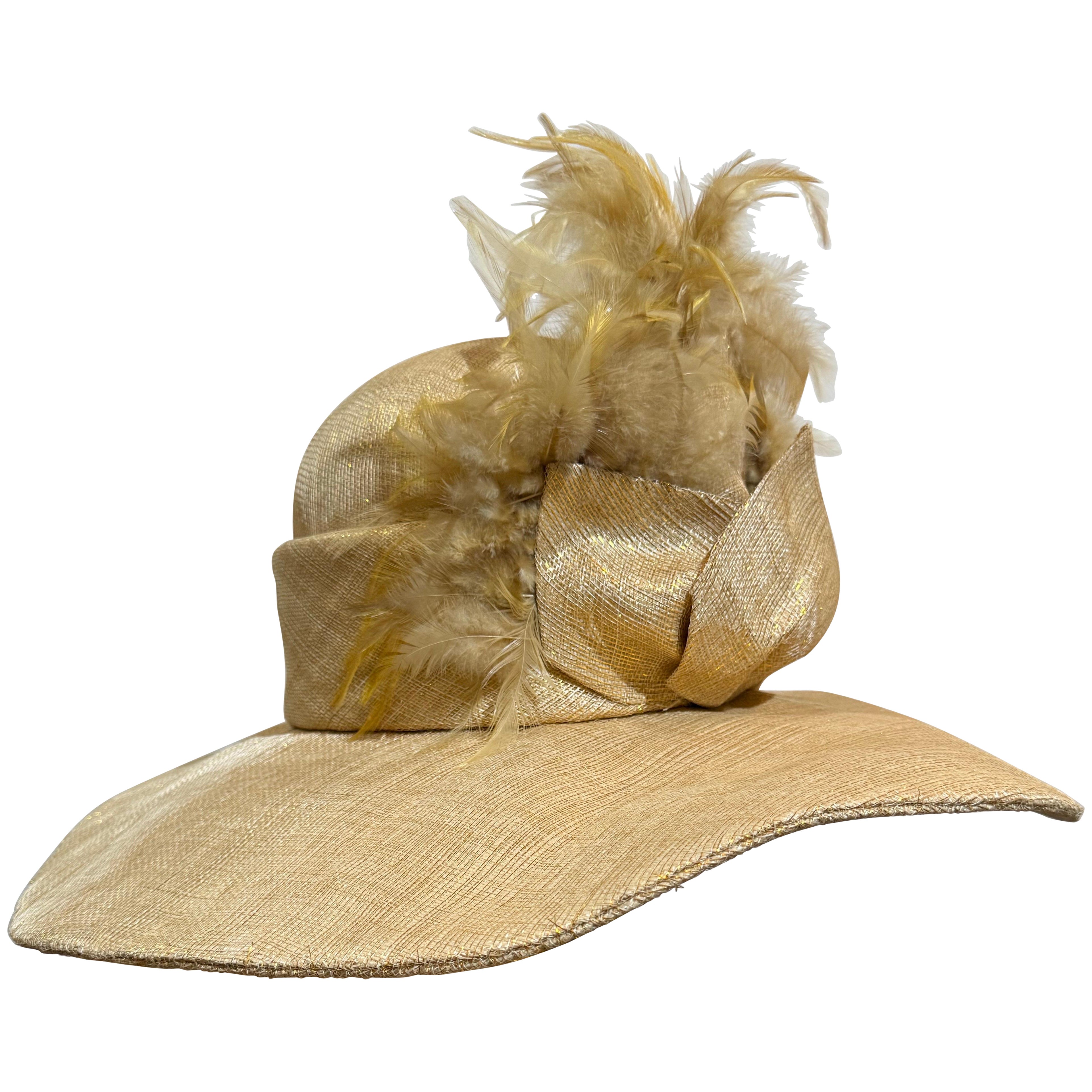 Susan Van Der Linde Gold Straw Wide-Brim Hat w High Round Crown & Feather Trim